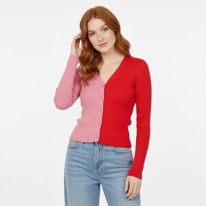 Lulus Pink & Red Colorblock Ribbed Knit Cardigan Top Size M